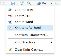 The output formats listed in the dropdown menu on the RStudio toolbar.