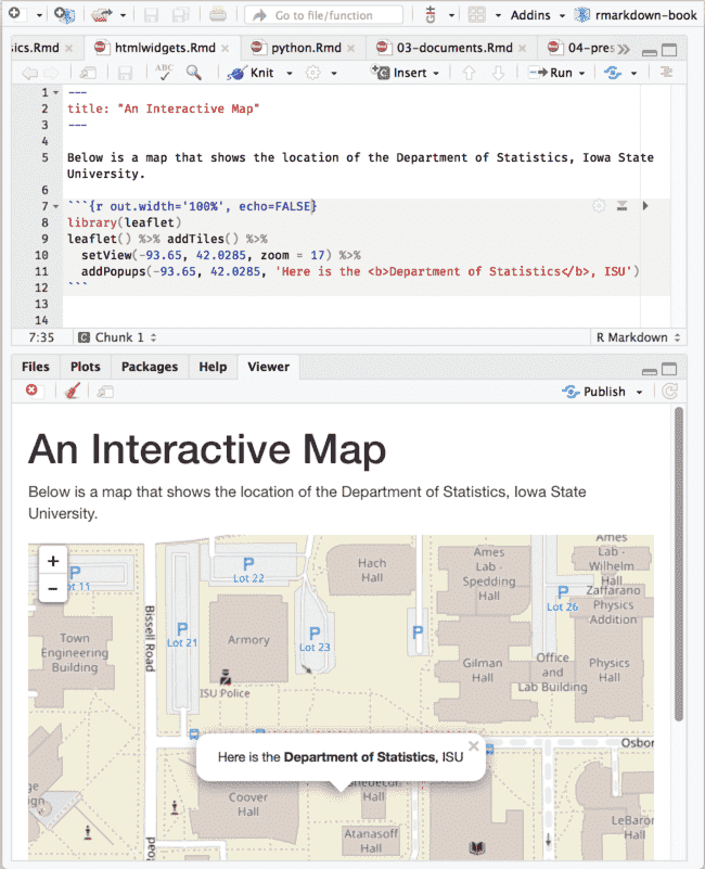 An R Markdown document with a leaflet map widget.