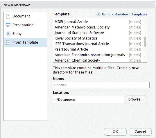 The R Markdown template window in RStudio showing available rticles templates.