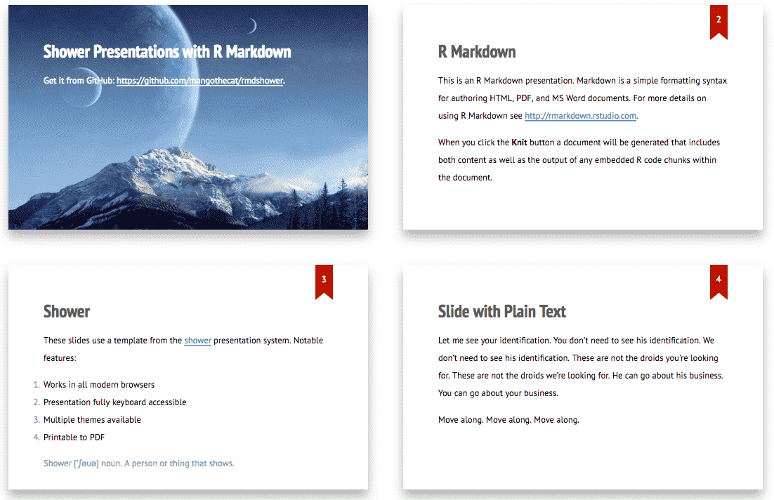 A few sample slides created via the Shower presentation framework.